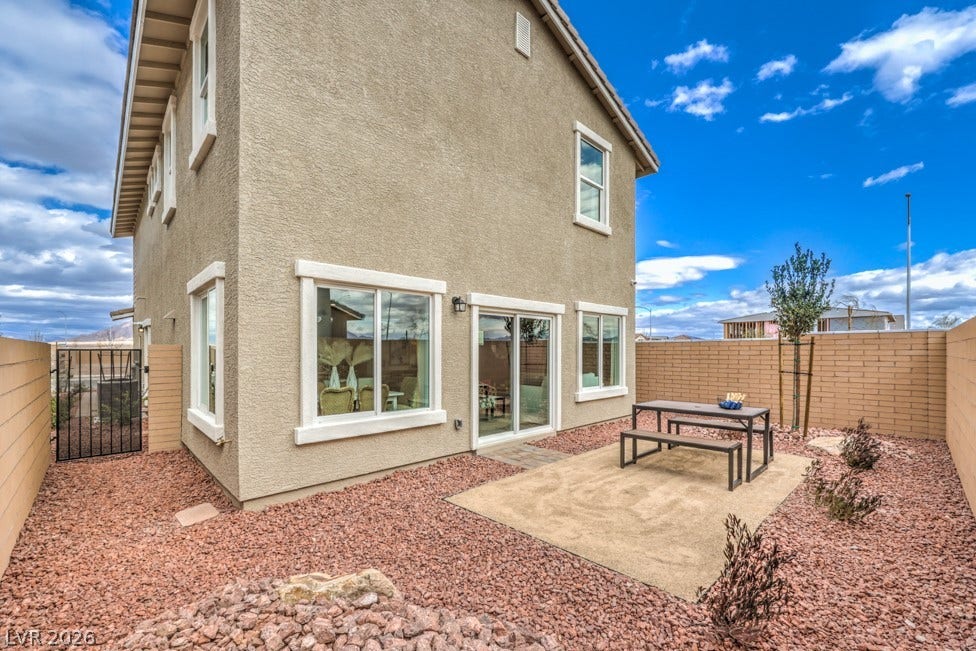 1090 Saffron Toucan Lane, Henderson, NV 89011 Rear view of property featuring a patio, a fenced backyard, stucco siding, and a gate. Home is representational only; actual home finishes may vary.