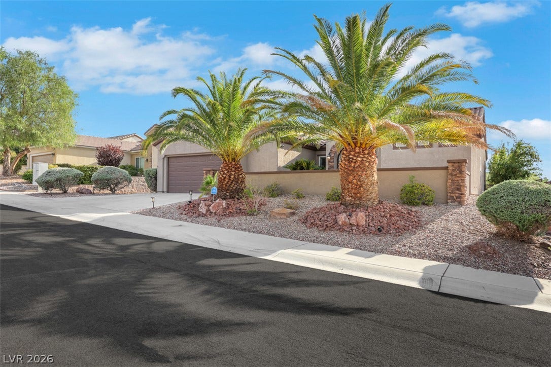 A desert-adapted landscape with established palm trees graces the front of this single-story home.