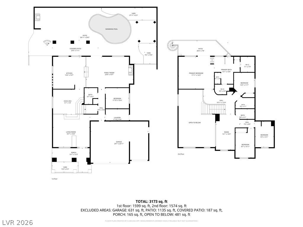 2218 Alanhurst Drive, Henderson, NV 89052 A comprehensive floor plan reveals a spacious layout with multiple rooms across two levels, including a private swimming pool and various outdoor patios.