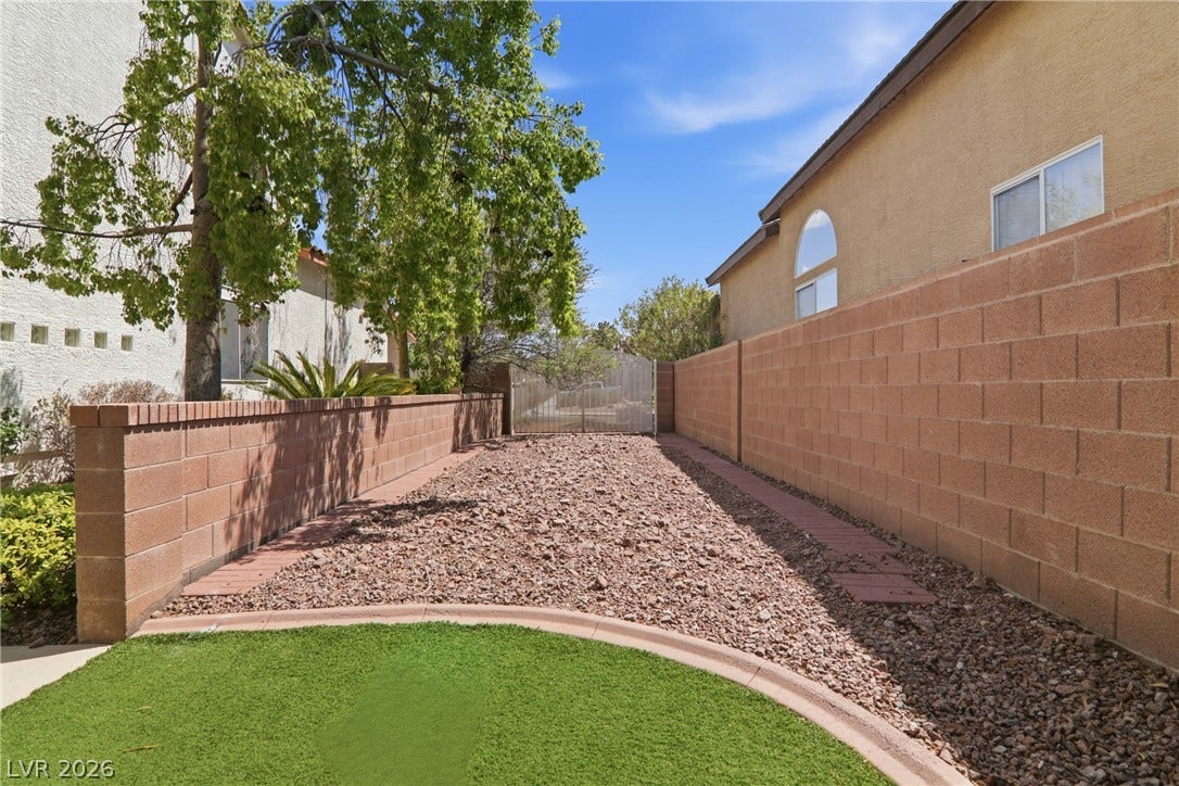 2218 Alanhurst Drive, Henderson, NV 89052 A well-maintained side yard features a gravel path, artificial turf, and privacy walls, leading to a secure gate.