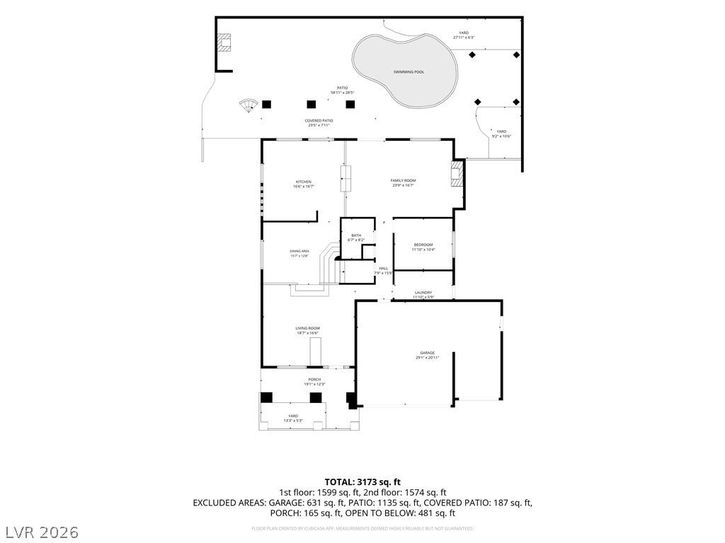 2218 Alanhurst Drive, Henderson, NV 89052 A comprehensive floor plan detailing interior spaces, garage, and outdoor amenities including a swimming pool and patio.