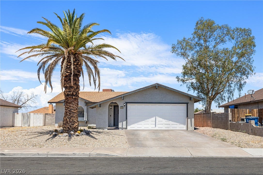 525 Van Dornum Avenue, Henderson, NV 89011 A well-maintained stucco home with a prominent palm tree and a gravel front yard offers inviting curb appeal.