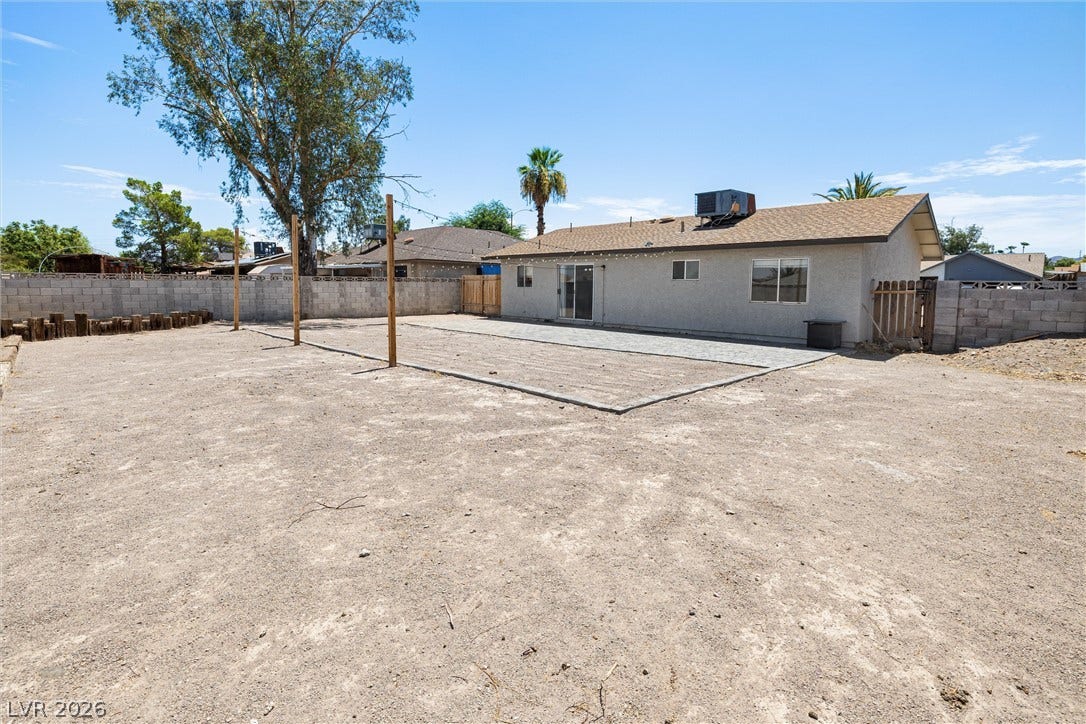 525 Van Dornum Avenue, Henderson, NV 89011 A spacious backyard awaits personalization, framed by a sturdy block wall and mature trees.