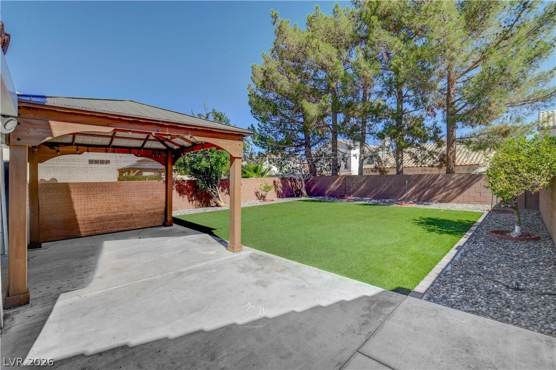 8308 Raphael Court, Las Vegas, NV 89129 A spacious private yard features a covered patio and artificial turf, perfect for outdoor relaxation.