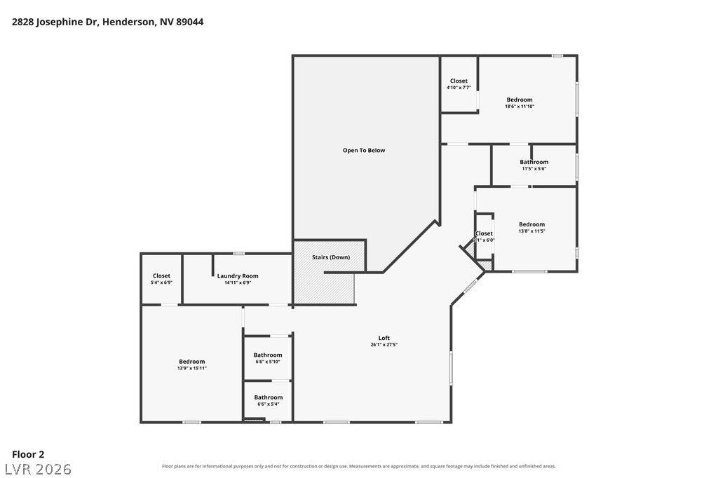 2828 Josephine Drive, Henderson, NV 89044 Examine this comprehensive floor plan detailing the upper level, including bedrooms, bathrooms, a laundry room, and a spacious loft area.