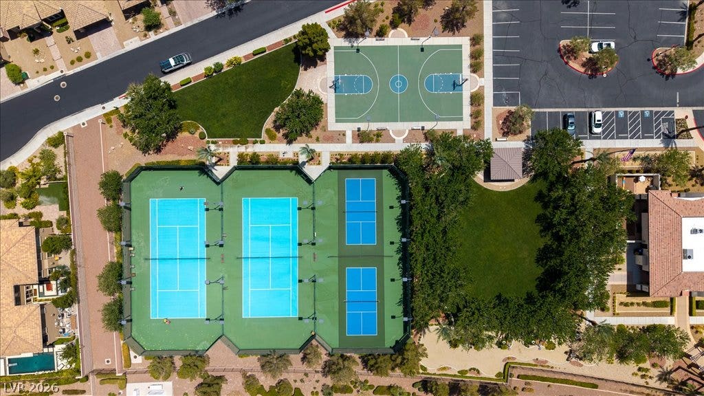 2828 Josephine Drive, Henderson, NV 89044 Aerial view showcasing community sports courts and ample parking for residents.