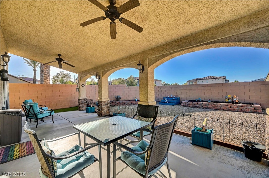 9928 Tradition Creek Avenue, Las Vegas, NV 89149 An inviting covered patio offers a comfortable outdoor retreat, perfect for relaxation and dining.