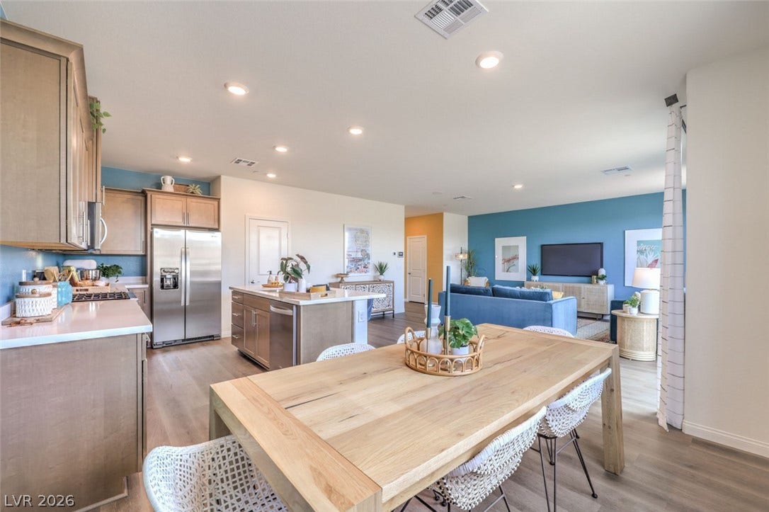 Dining room featuring light wood-type flooring, recessed lighting, baseboards, and visible vents.Photos are of a model home and are for representational purposes only.