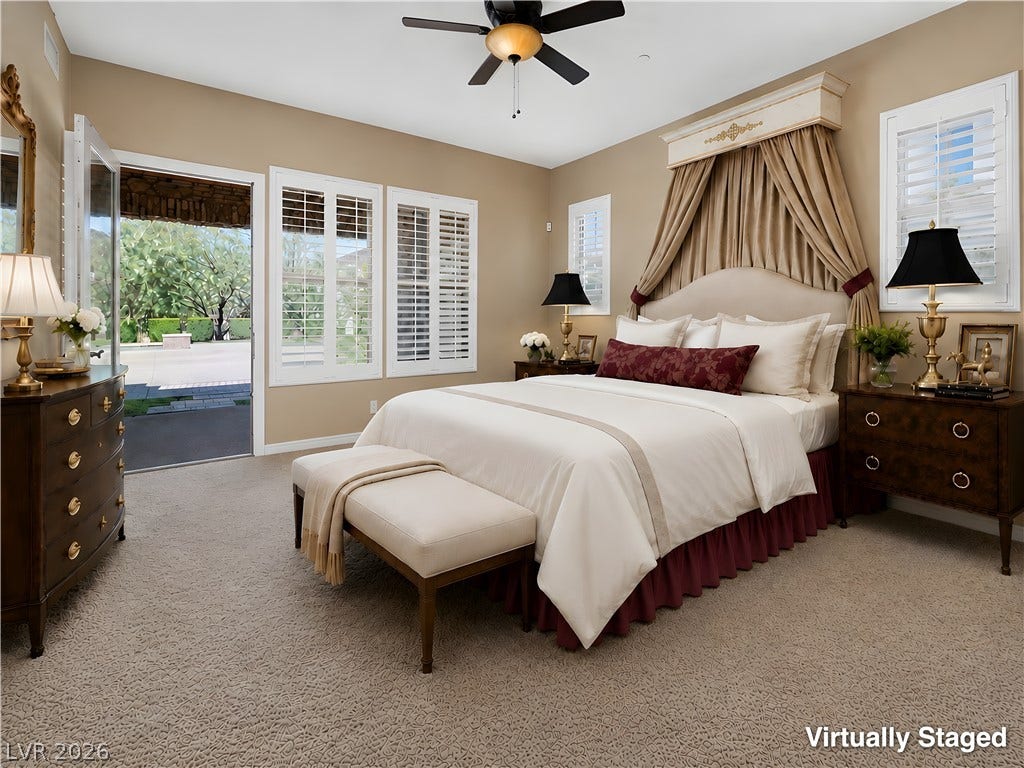 30 Benevolo Drive, Henderson, NV 89011 Bedroom oasis opening to outdoor serenity, with a grand canopy bed.