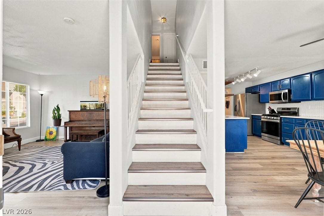 505 Rafkin Place, Henderson, NV 89052 Beautiful Entry striking blue kitchen with stainless steel appliances seamlessly flows into a welcoming living space.
