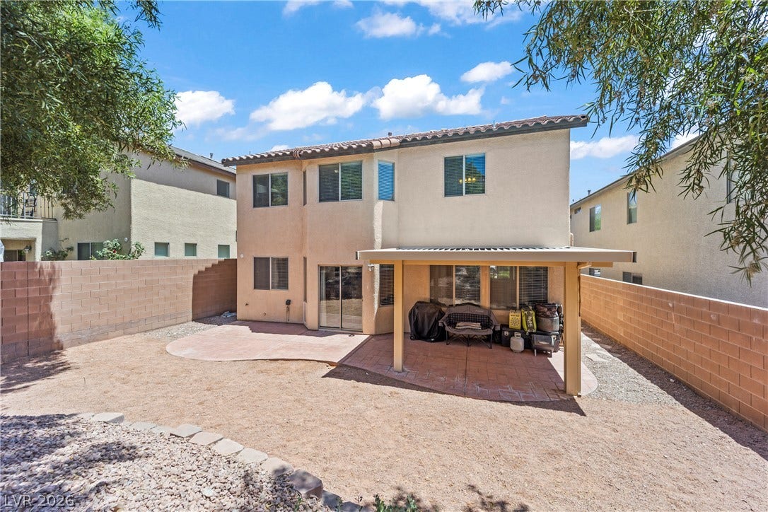 7337 Picnic Hill Street, Las Vegas, NV 89166 A spacious desert yard with a covered patio offers ample outdoor living potential.