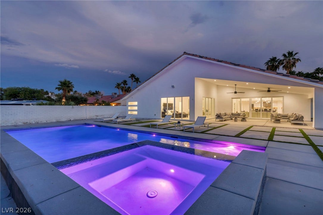 3630 Tobias Lane, Las Vegas, NV 89120 An inviting outdoor living space features a sparkling pool and spa, perfect for evening relaxation.