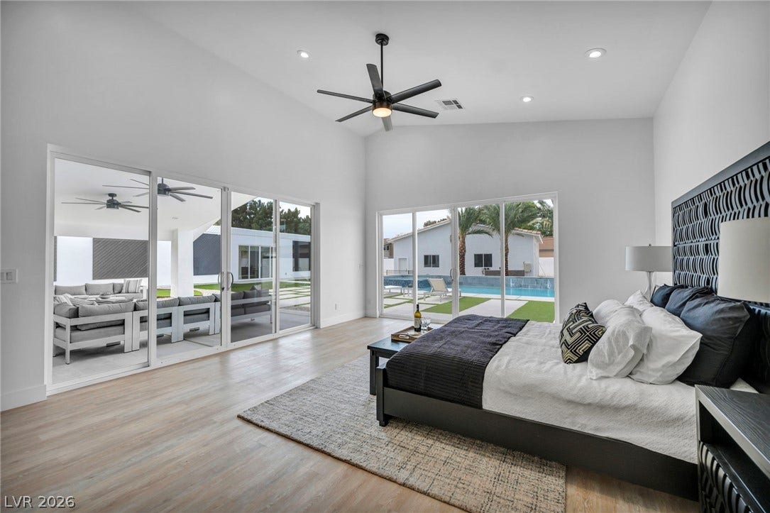3630 Tobias Lane, Las Vegas, NV 89120 Floor-to-ceiling glass doors reveal a tranquil outdoor patio and sparkling pool beyond.