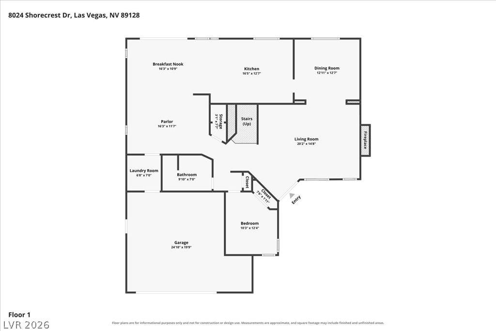 8024 Shorecrest Drive, Las Vegas, NV 89128 Examine this property's floor plan, featuring distinct living zones, including a formal dining area and an integrated garage.