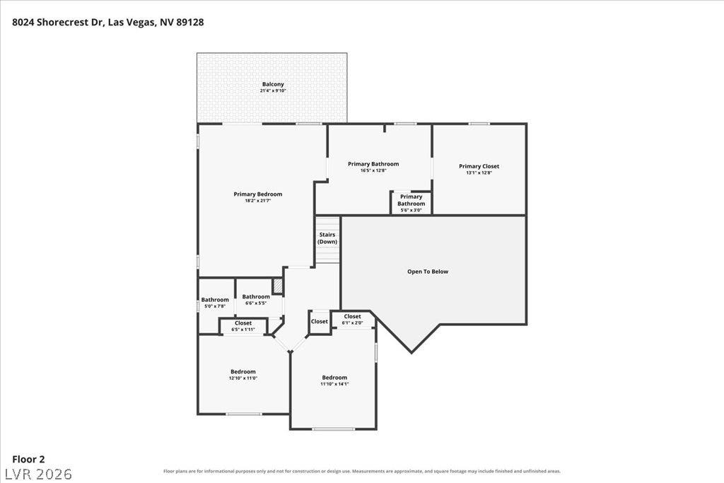 8024 Shorecrest Drive, Las Vegas, NV 89128 A comprehensive floor plan details the upper level, highlighting bedrooms, bathrooms, closets, a balcony, and stair access.