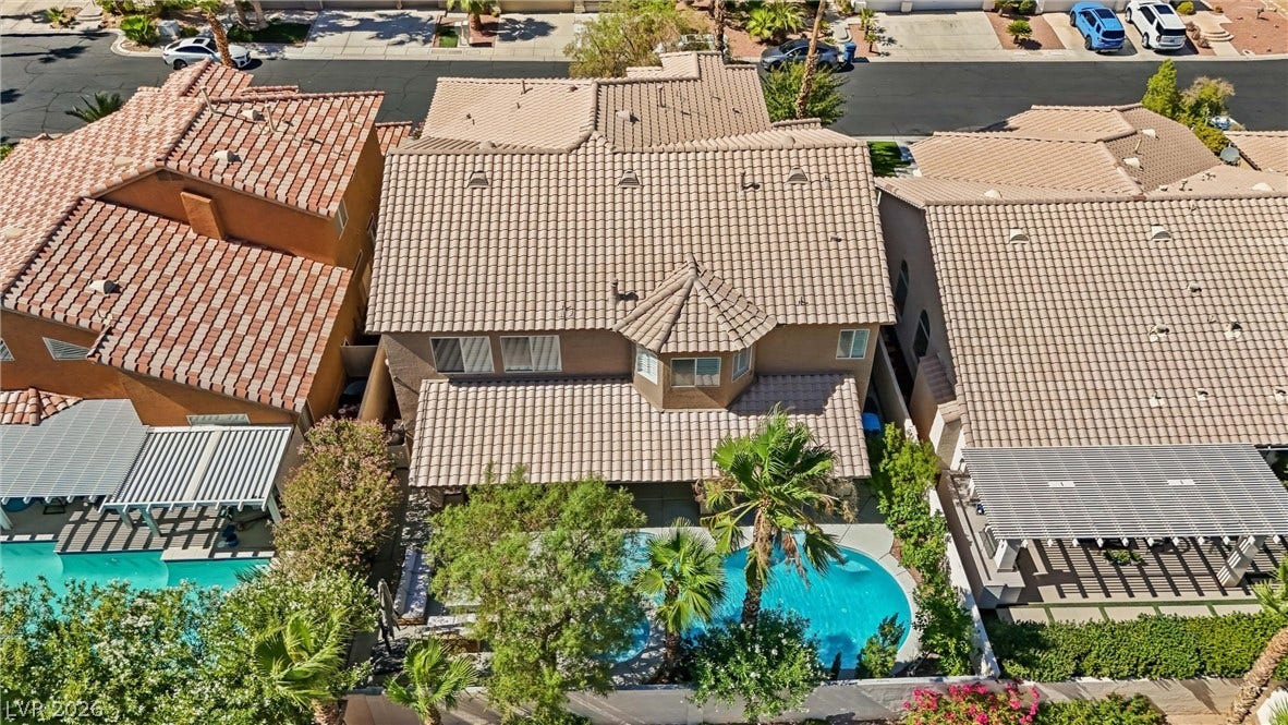 9615 Sedona Hills Court, Las Vegas, NV 89147 An aerial perspective reveals the property's inviting backyard oasis, complete with a sparkling pool.