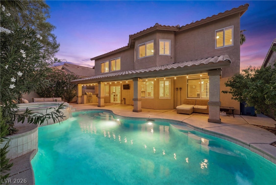 9615 Sedona Hills Court, Las Vegas, NV 89147 An inviting pool and spa beckon under the twilight sky, complementing the home's outdoor living space.