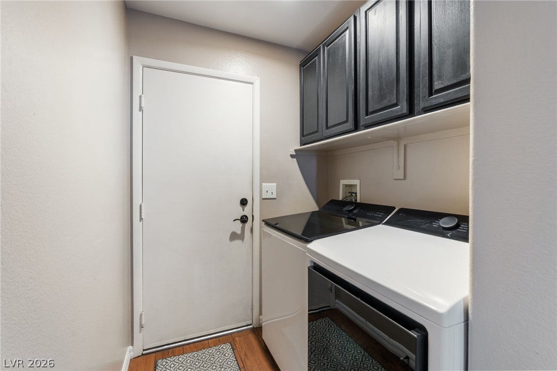 Functional laundry space featuring modern appliances, wall cabinets, and rich hardwood flooring.