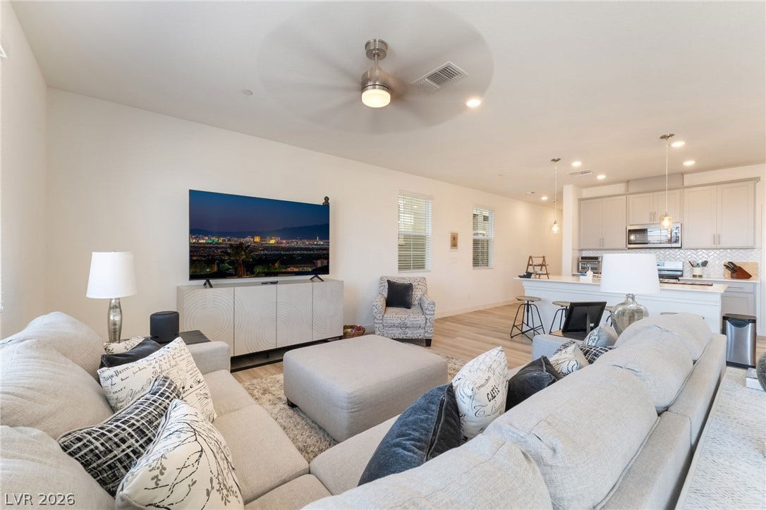2966 Gallarate Drive, Henderson, NV 89044 An inviting open-concept living space features a functional ceiling fan and seamless flow into the kitchen area.