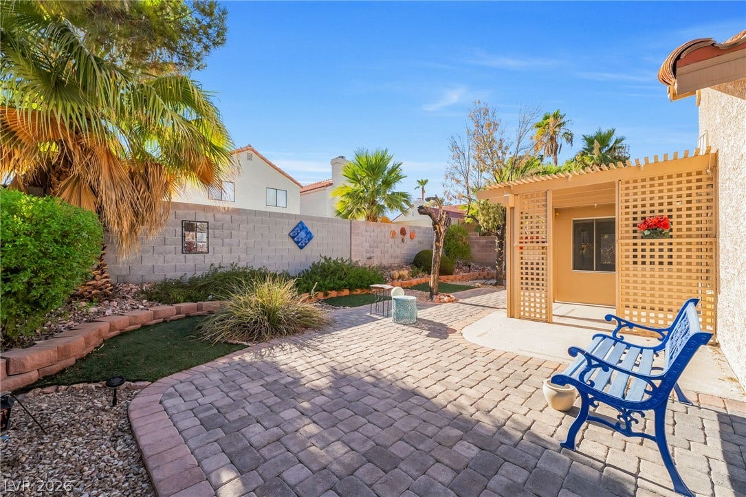 62 Tidwell Lane, Henderson, NV 89074 A spacious brick paver patio extends throughout the private walled backyard.