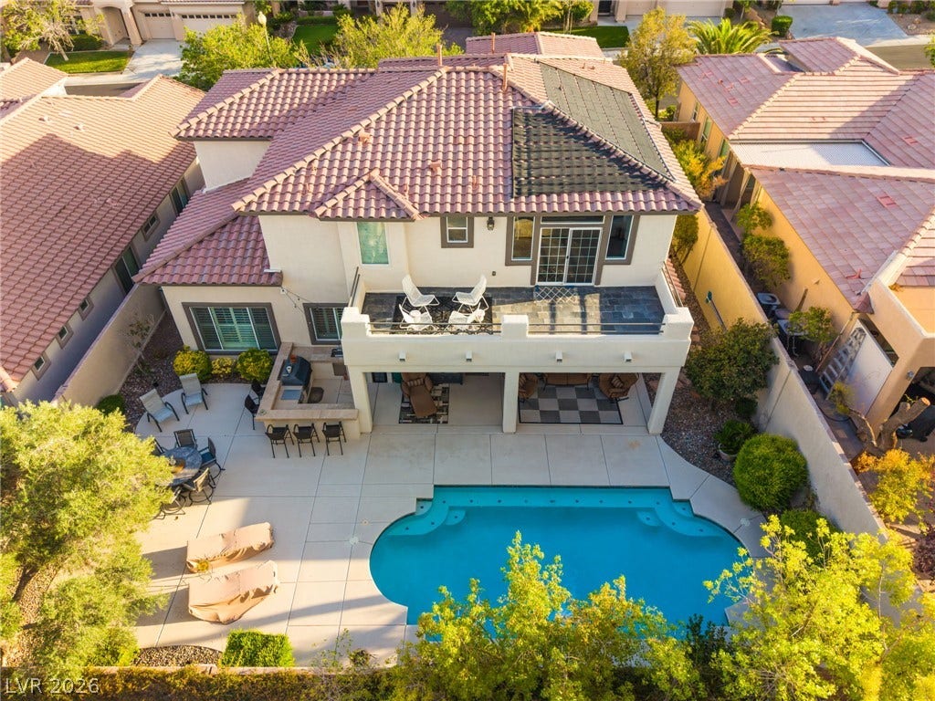 11416 Rancho Portena Avenue, Las Vegas, NV 89138 An aerial perspective showcases a private backyard oasis complete with a pristine swimming pool.