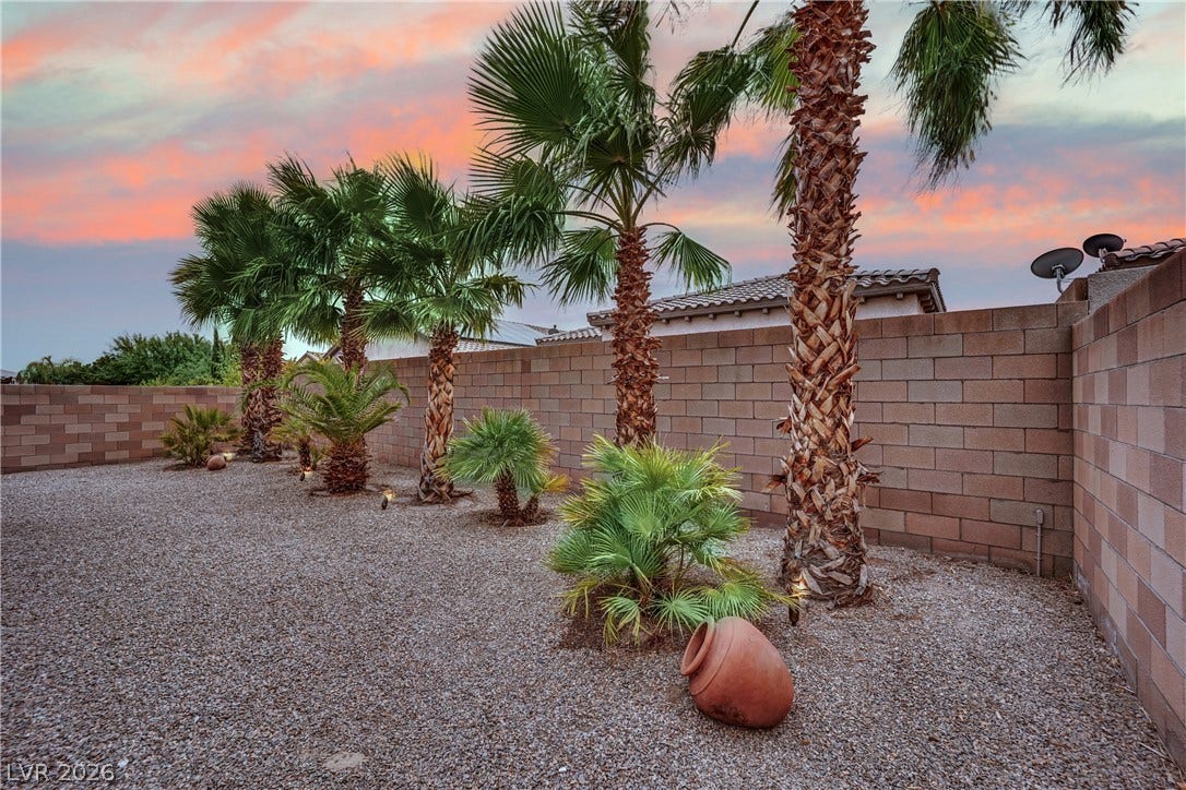 Towering palm trees and gravel landscaping frame this enclosed backyard area under a colorful sky.