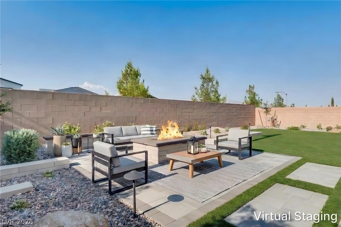 10226 Pleasant Knoll Avenue, Las Vegas, NV 89166 Virtually staged fire pit area & yard with furniture.