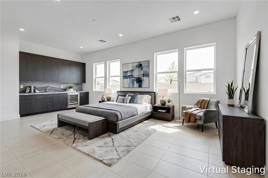 10226 Pleasant Knoll Avenue, Las Vegas, NV 89166 Downstairs flex suite: virtually staged as a bedroom with modern design.