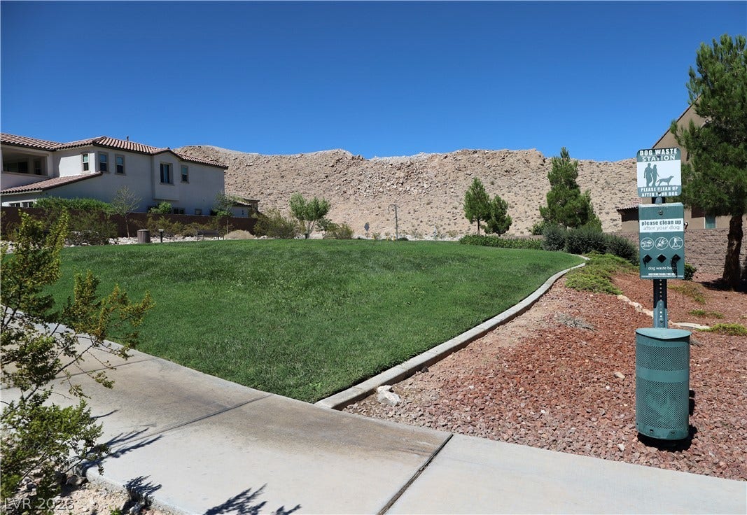 A paved sidewalk winds alongside a grassy common area under a clear desert sky.