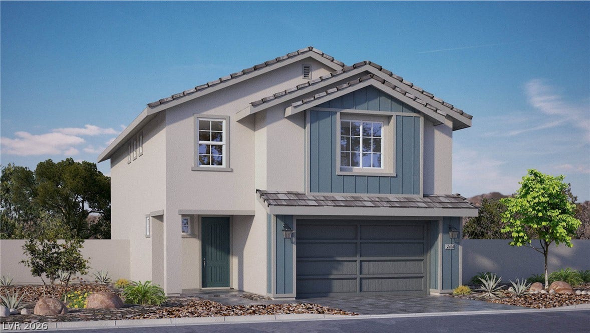 561 Ivory Peacock Ct, Henderson, NV 89011 A modern two-story home displays contrasting vertical siding and a tiled gabled roofline. Photos are of a model home and are for representational purposes only.
