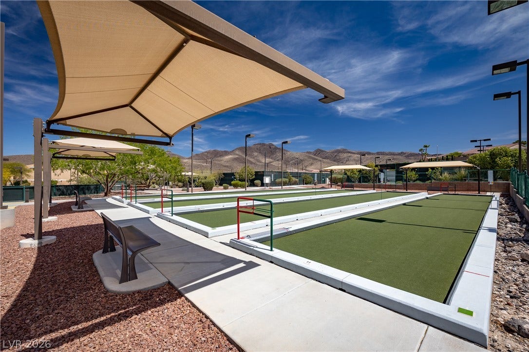 2247 Shadow Canyon Drive, Henderson, NV 89044 Professional bocce courts sit beneath protective shade sails against a desert mountain backdrop.