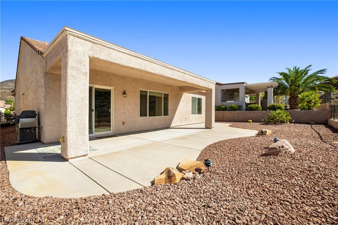2247 Shadow Canyon Drive, Henderson, NV 89044 An expansive covered patio overlooks low-maintenance desert landscaping under clear blue skies.