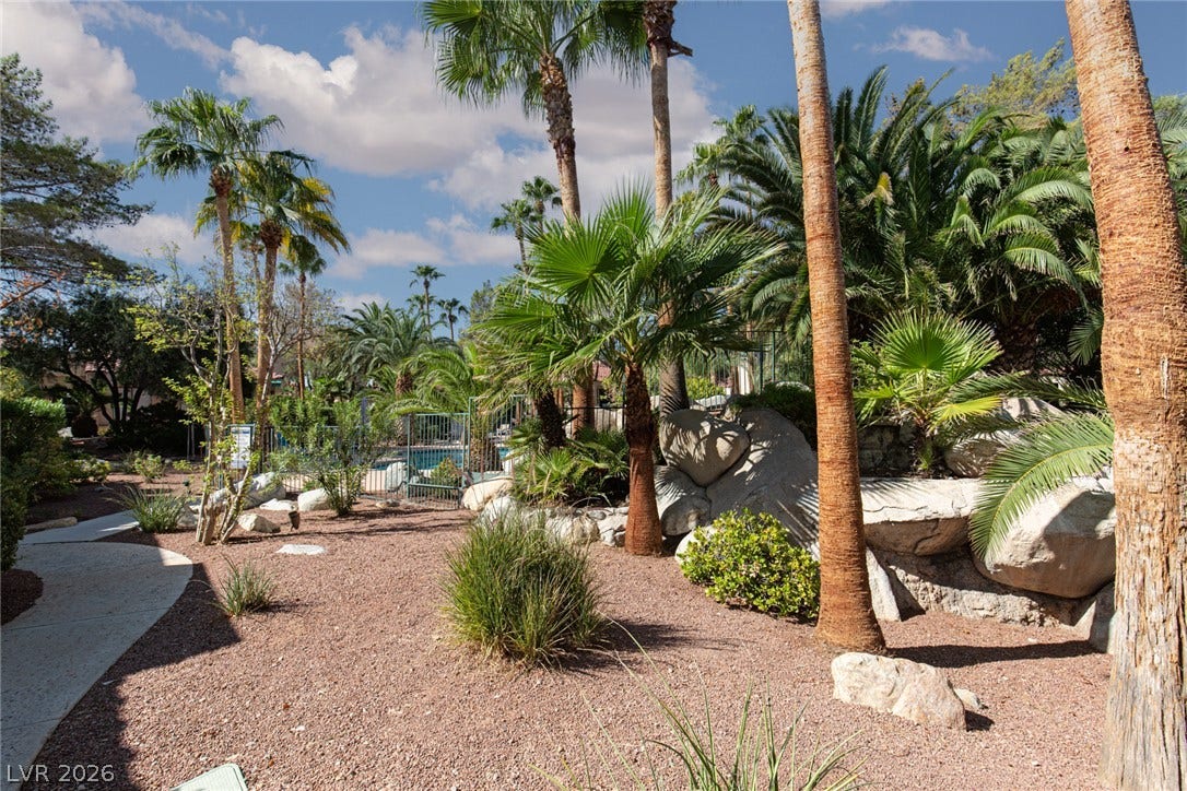2882 Bridgepointe Drive, Las Vegas, NV 89121 Lush palm trees and desert landscaping surround a winding concrete pathway under sunny skies.