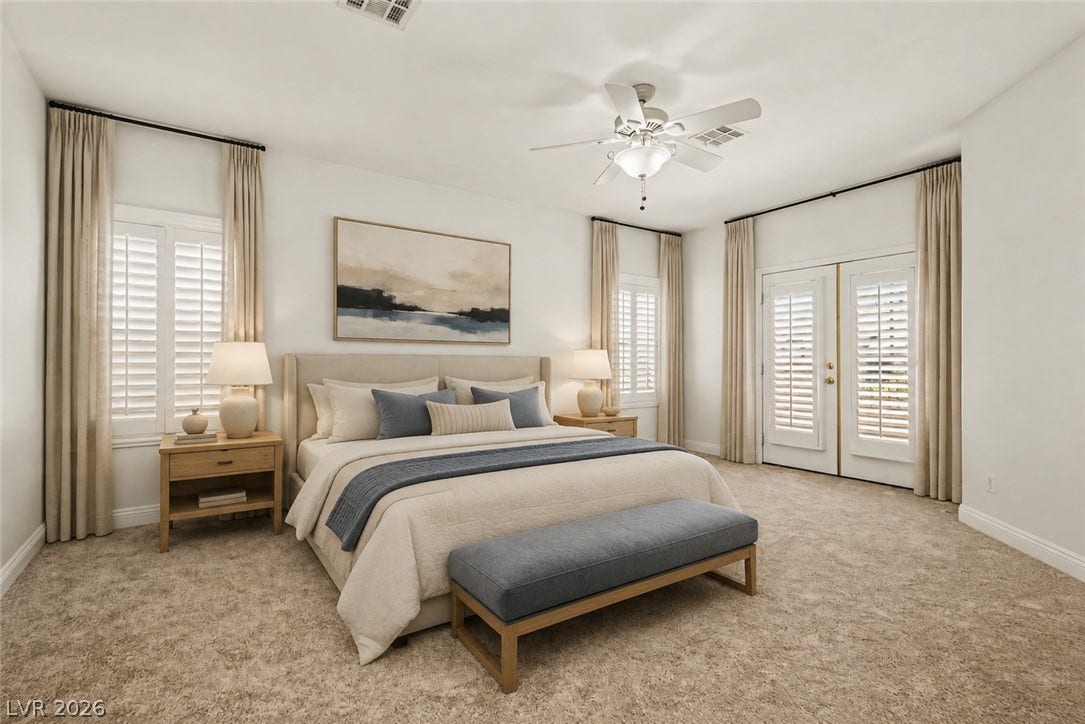1424 Clipperton Avenue, Henderson, NV 89074 Virually staged.
Plentiful natural light streams through multiple windows into this carpeted bedroom suite.