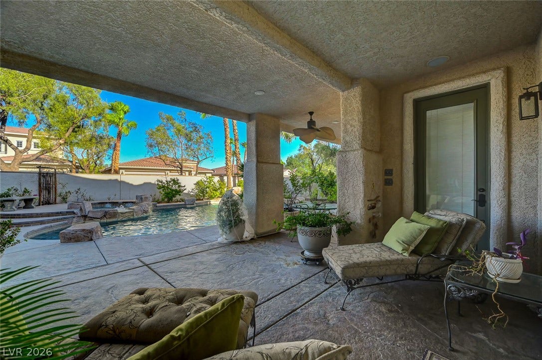 1116 Golden Age Court, Las Vegas, NV 89144 Sheltered outdoor living transitions seamlessly to a refreshing swimming pool.