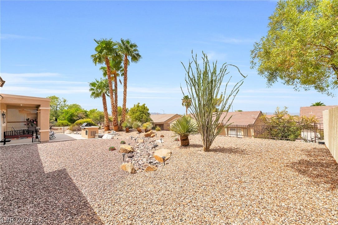 Desert landscaping and mature palm trees frame the low-maintenance backyard under clear blue skies.