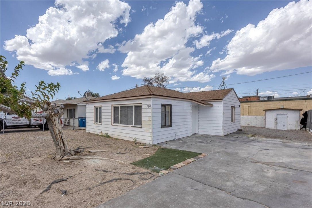 120 W Victory Road, Henderson, NV 89015 Classic horizontal siding and a low-maintenance concrete yard define this single-story residential exterior.