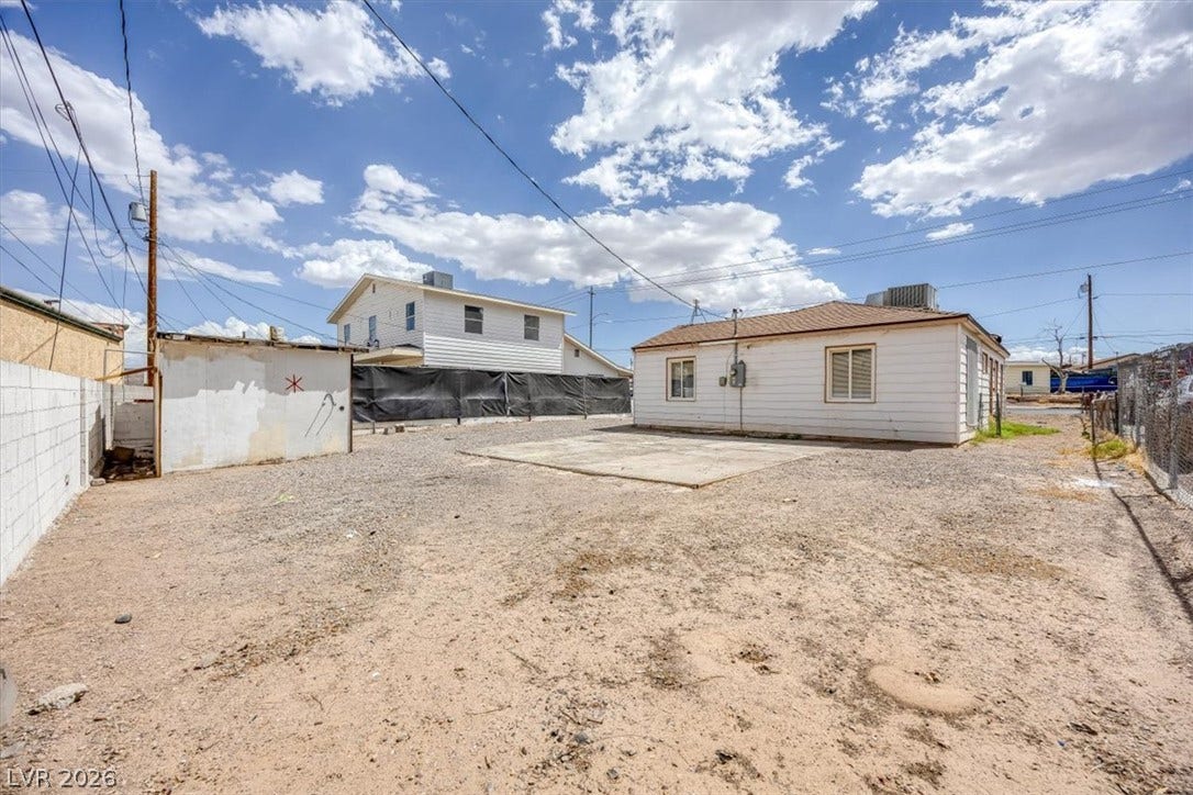 120 W Victory Road, Henderson, NV 89015 A spacious gravel yard features a concrete pad and secure perimeter fencing under open skies.