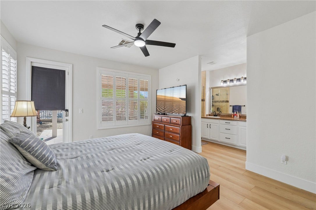3027 Panorama Ridge Drive, Henderson, NV 89052 Luxury Plank floors and shutters elevate this serene primary suite with an attached bath.