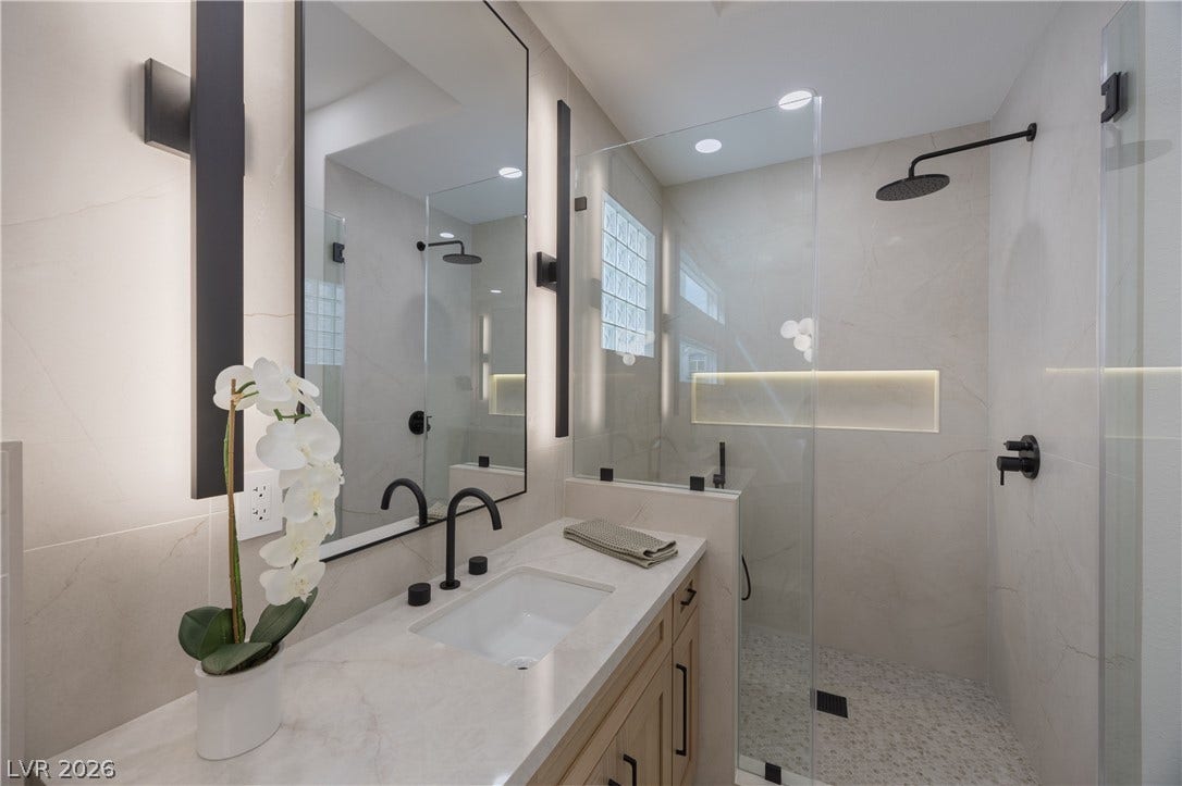 Full bathroom with vanity and a shower stall