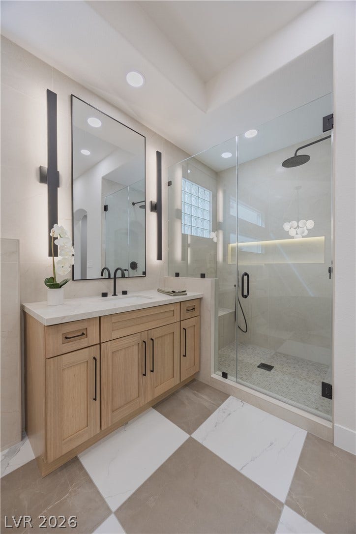 Bathroom featuring vanity and a shower stall