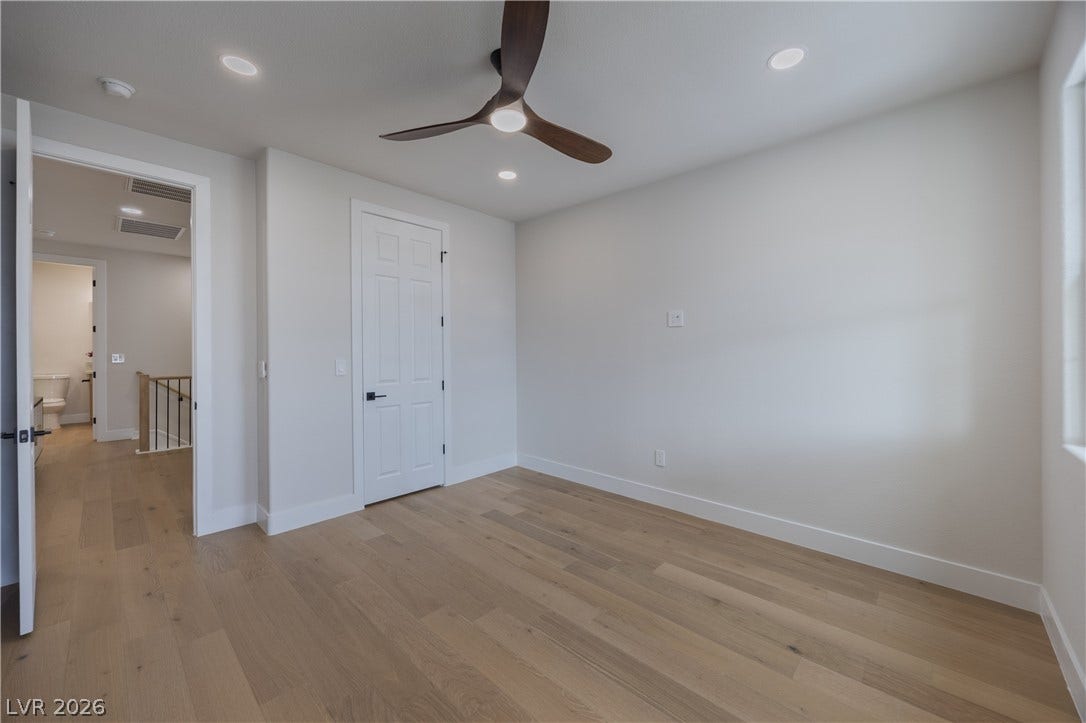 Unfurnished bedroom with light wood finished floors, recessed lighting, and ceiling fan
