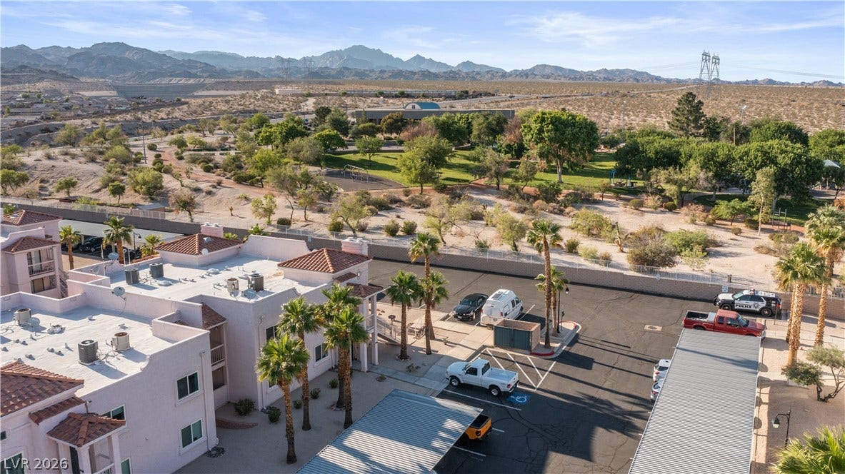Bird's eye view of a mountain backdrop and a desert landscape