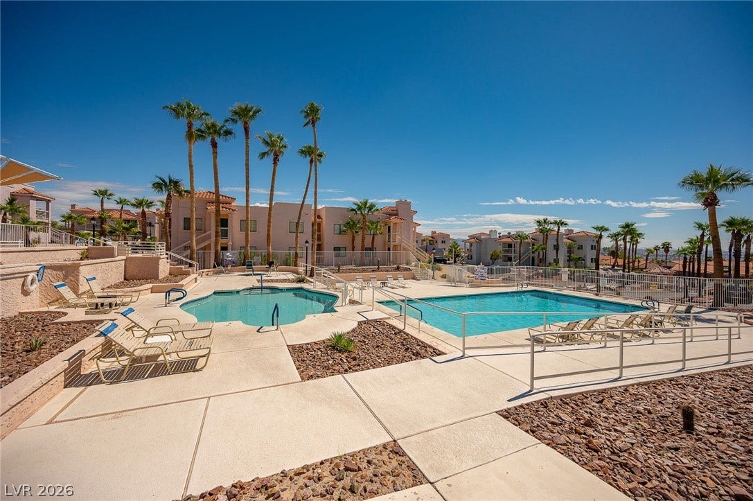 Community pool with a residential view and a patio area