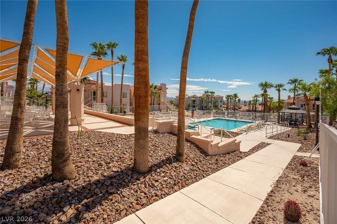 Community pool featuring a residential view