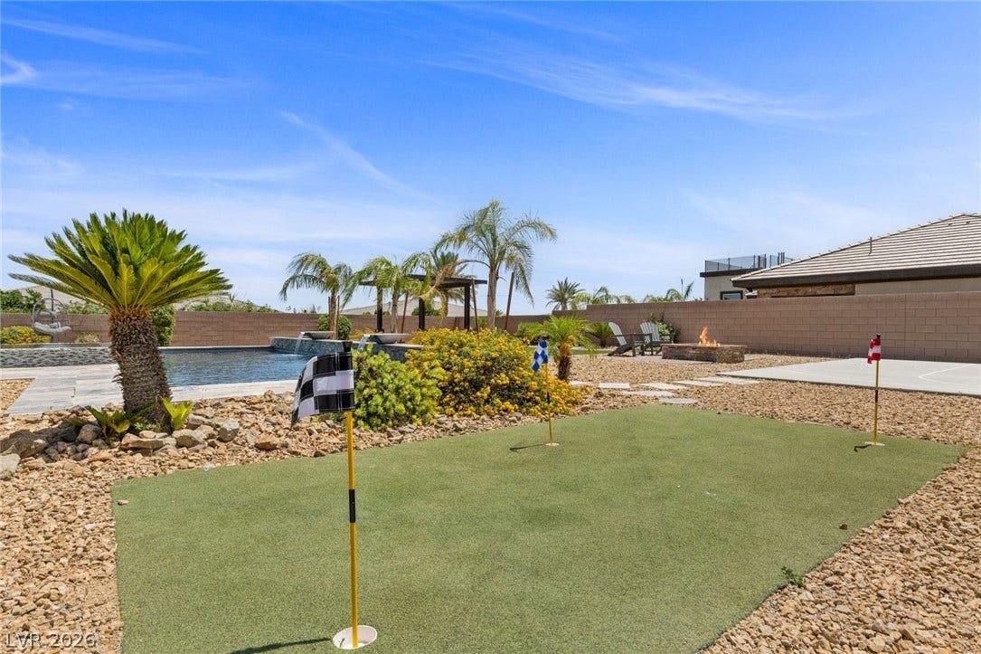 9841 W El Campo Grande Avenue, Las Vegas, NV 89149 A private backyard oasis features a putting green, inviting pool, and a cozy fire pit.