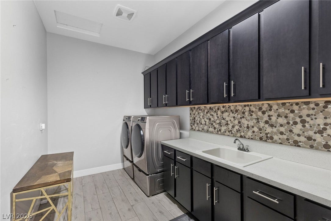 9841 W El Campo Grande Avenue, Las Vegas, NV 89149 Streamlined laundry room boasts ample cabinetry, a utility sink, and contemporary washer and dryer units.