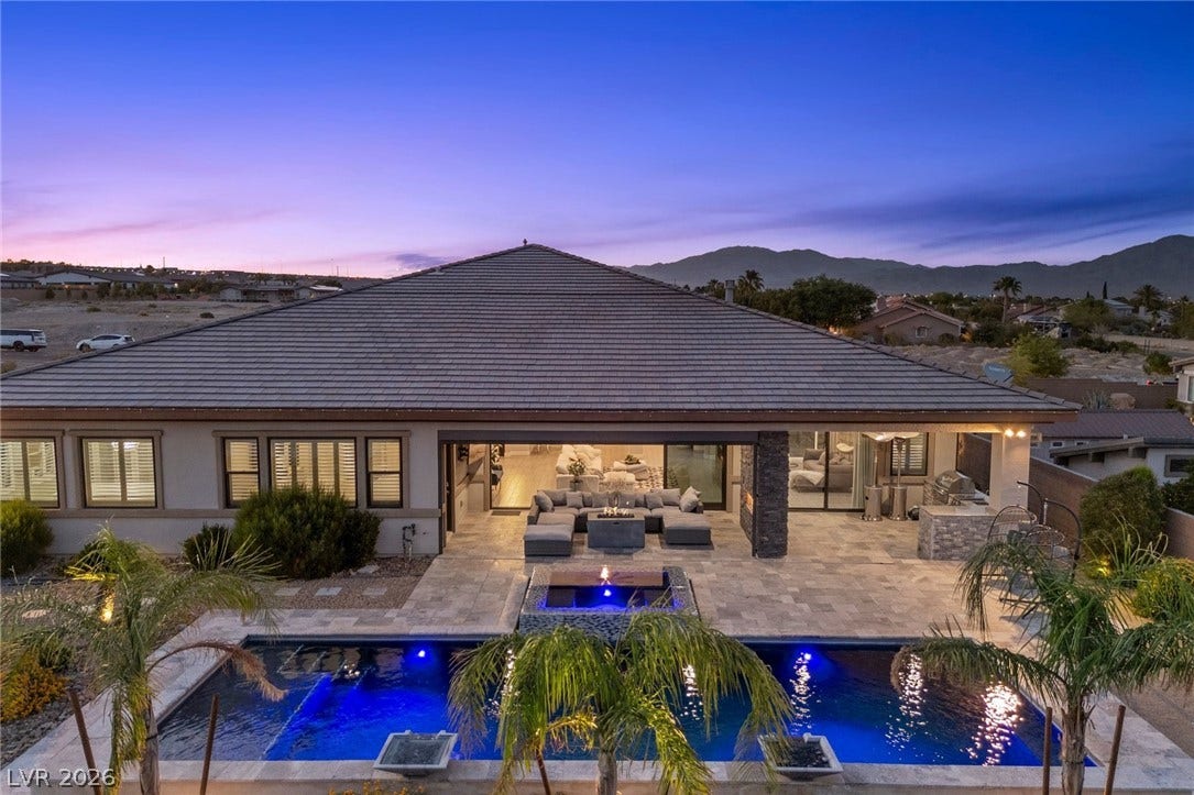 9841 W El Campo Grande Avenue, Las Vegas, NV 89149 An inviting backyard oasis with a sparkling pool and cozy fire pit, perfect for entertaining.