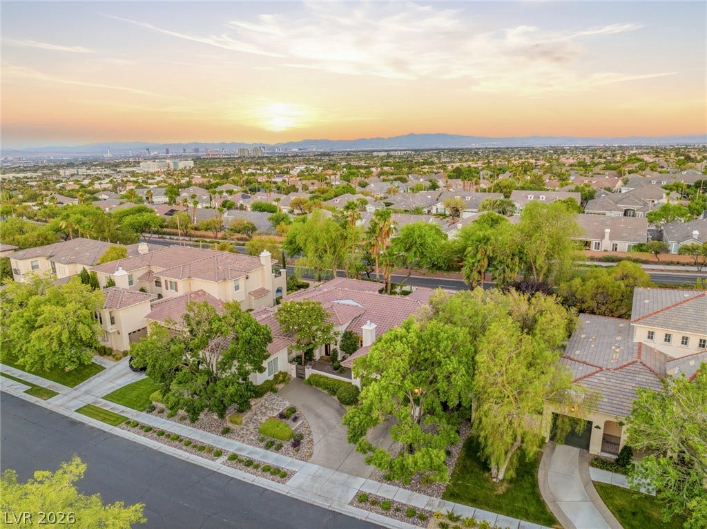 Mature trees frame the tiled rooflines of this suburban neighborhood under sunset skies.