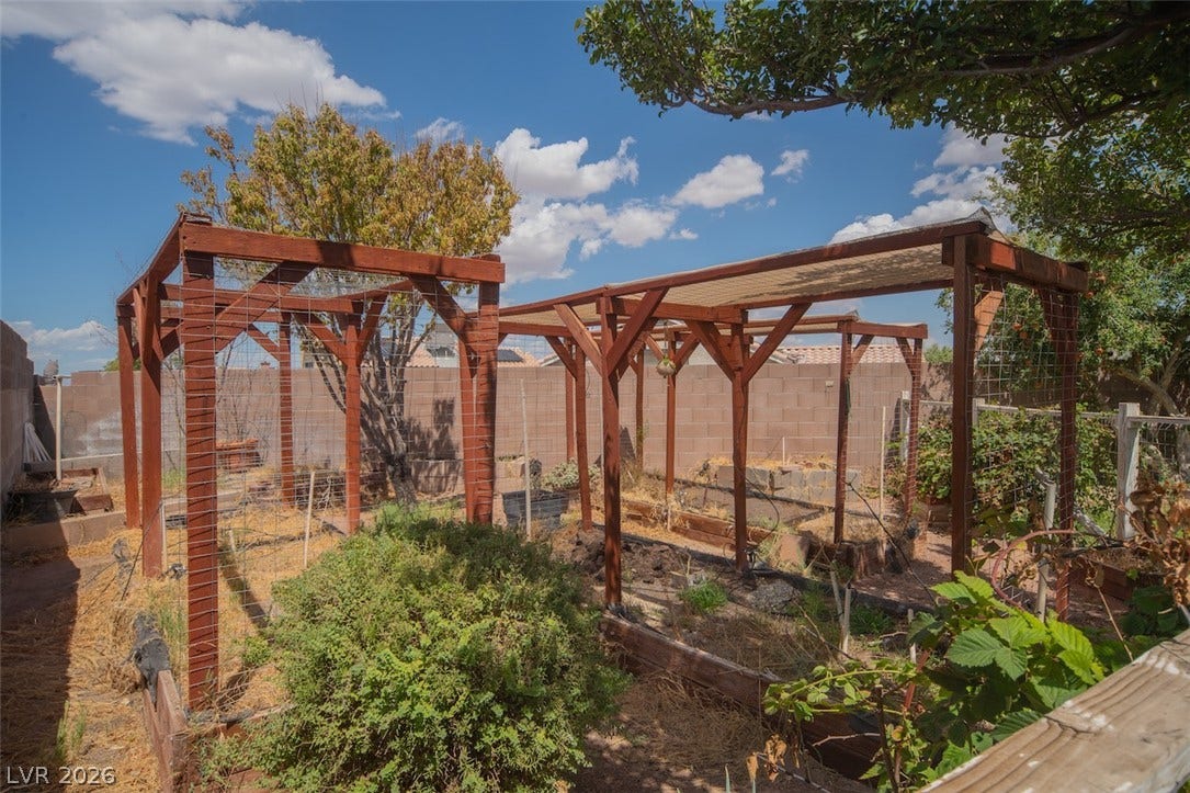121 Heather Drive, Henderson, NV 89002 Sturdy wooden trellises shelter several raised planting beds within a fully fenced backyard space.